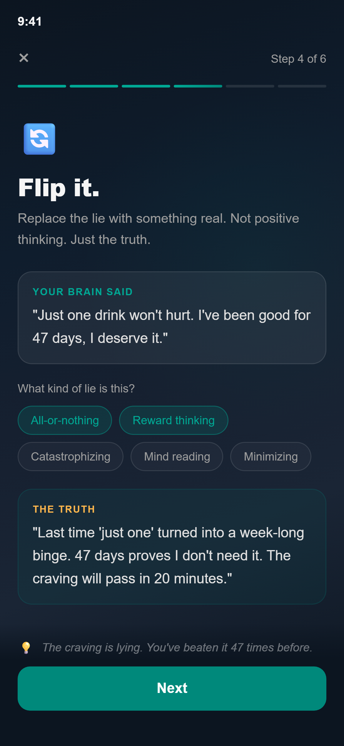 Weally craving toolkit step 4: Flip it. Replacing the thought 'just one drink won't hurt' with the truth